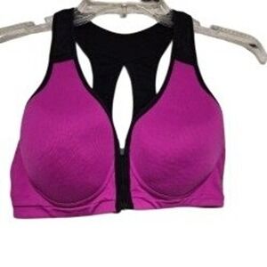 Reebok Womens Medium Pink Black Front Zip High Impact Racerback Sports Bra